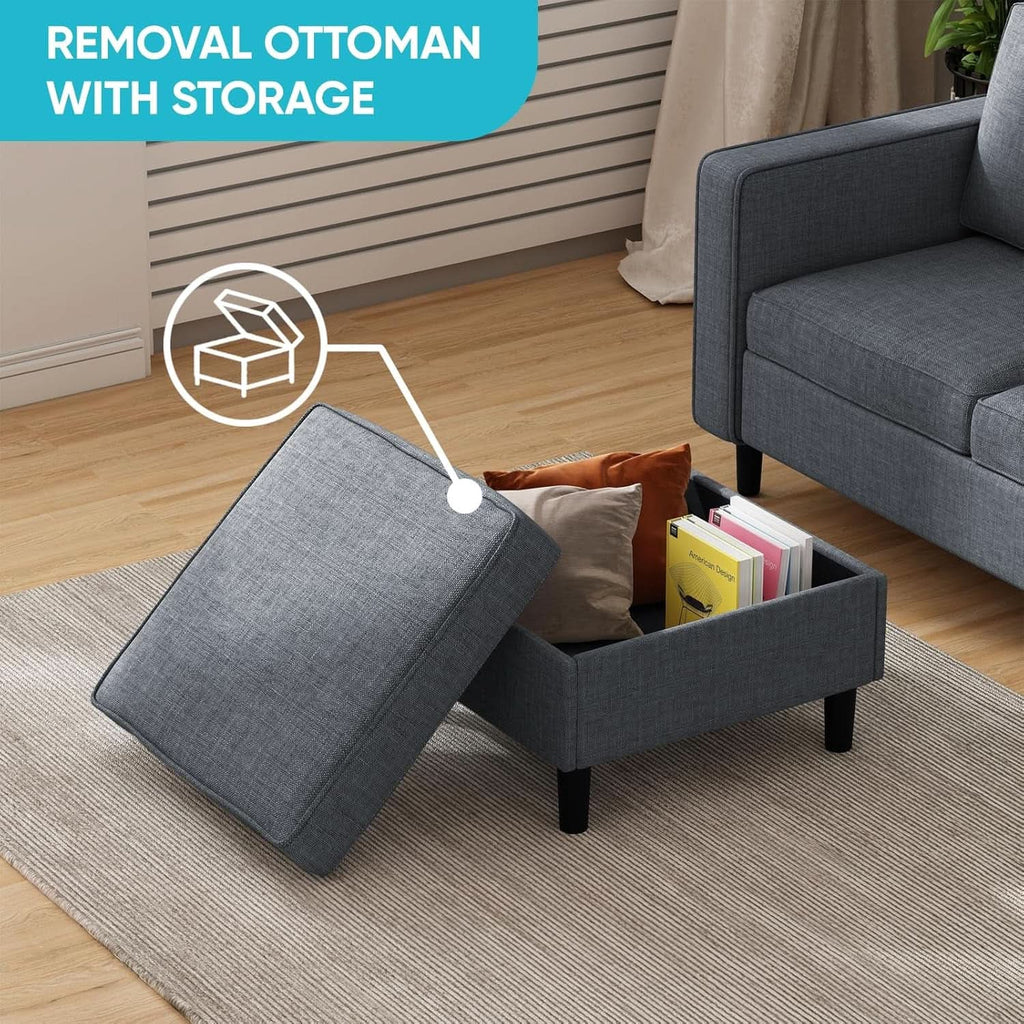 6 Seater Sectional Sofa In Dark Grey Linen With Ottoman