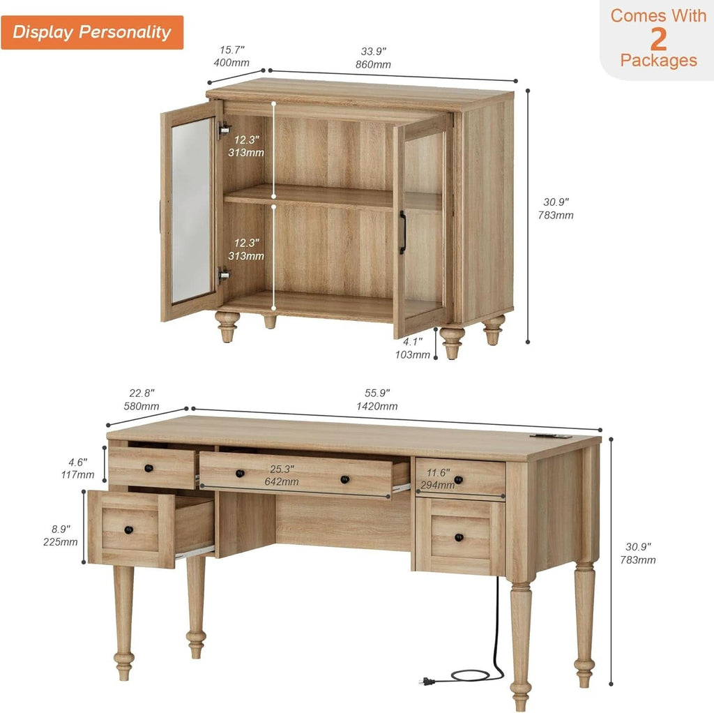 Distressed Oak Farmhouse Executive Desk with Glass Cabinet