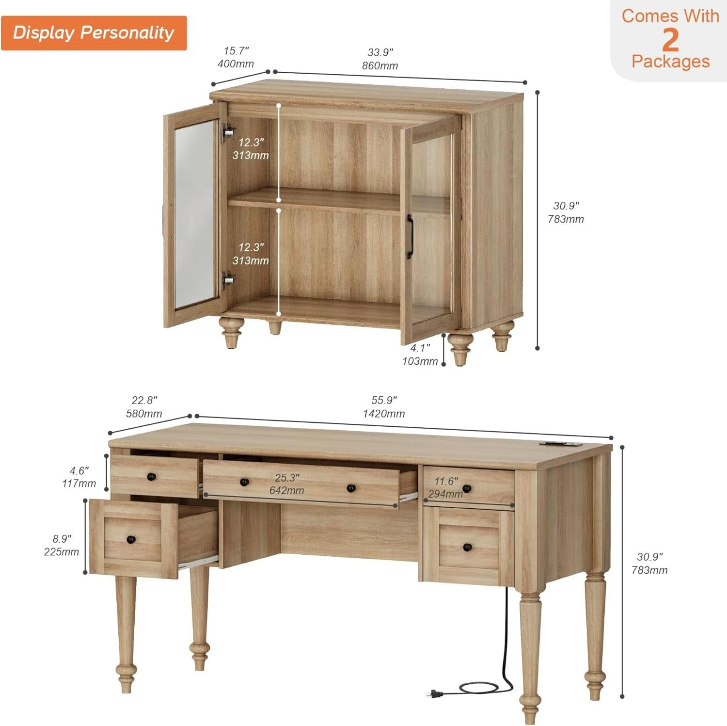 Distressed Oak Farmhouse Executive Desk with Glass Cabinet