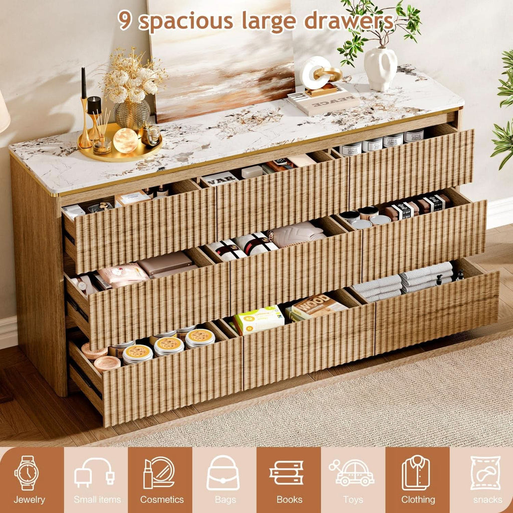 9 Drawer Dresser Chest With PolishedMarbleTabletop