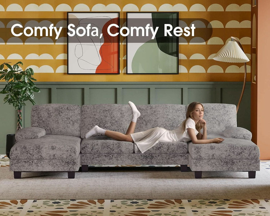 Grey Linen U-Shaped Sectional Sofa with Double Chaise