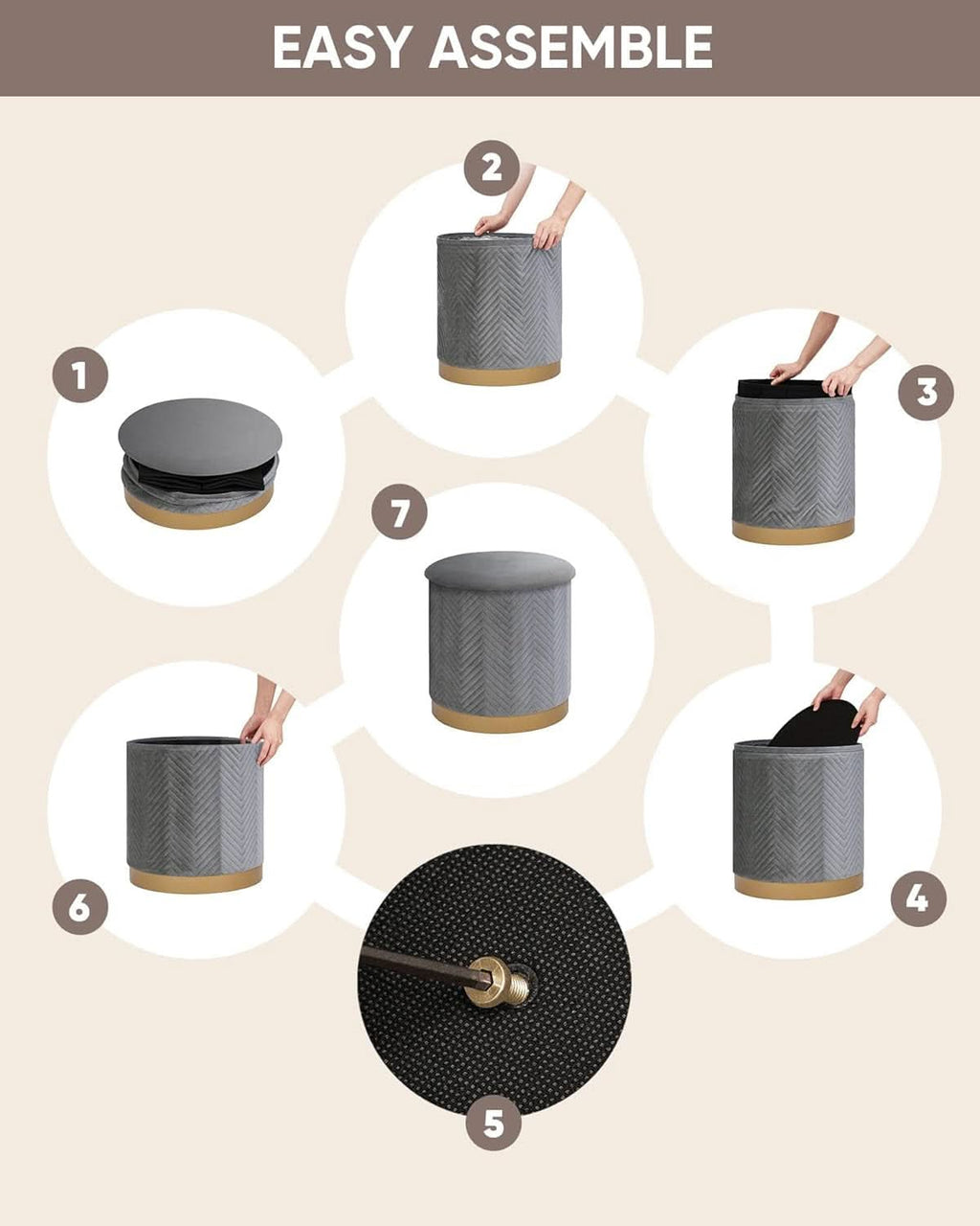 Grey Velvet Circular Storage Ottoman Golden Accents
