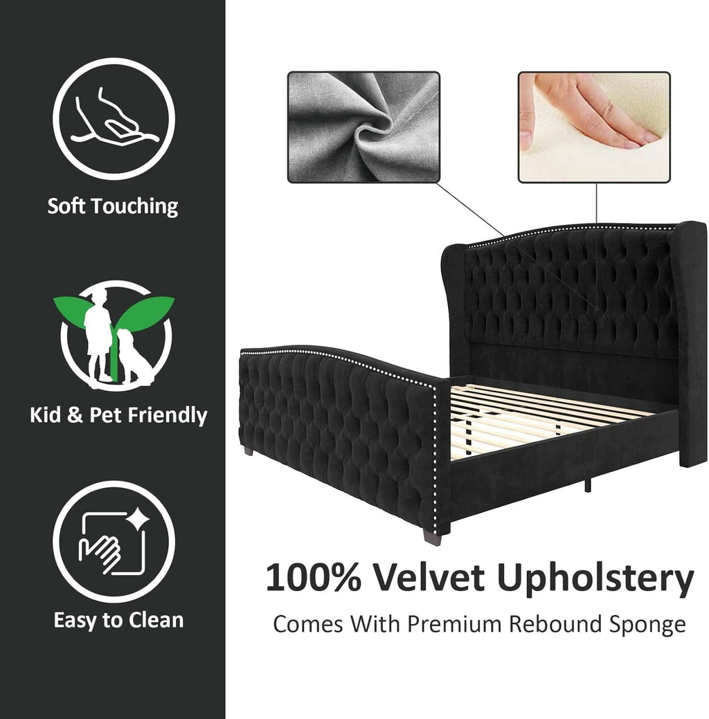 Queen Size Platform Bed Frame With Nailhead Trim Deluxe