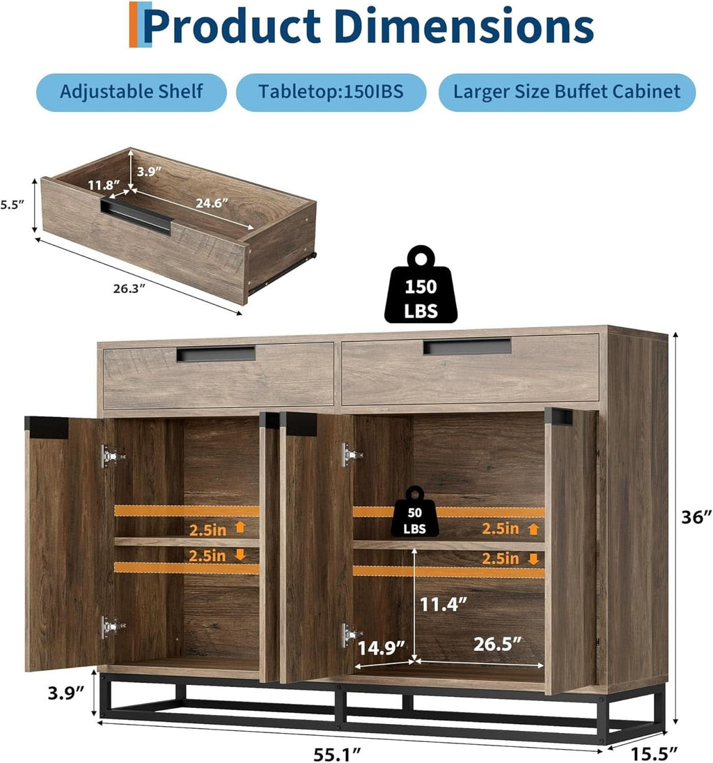 55 Inch Buffet Cabinet With 2 Drawers Modern Farmhouse