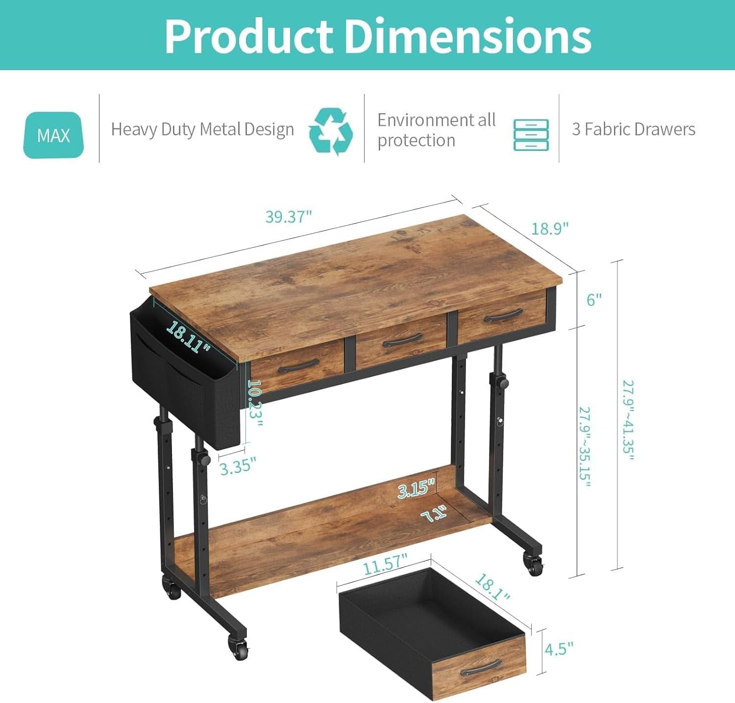 Rolling Height-Adjustable Computer Desk with Drawers