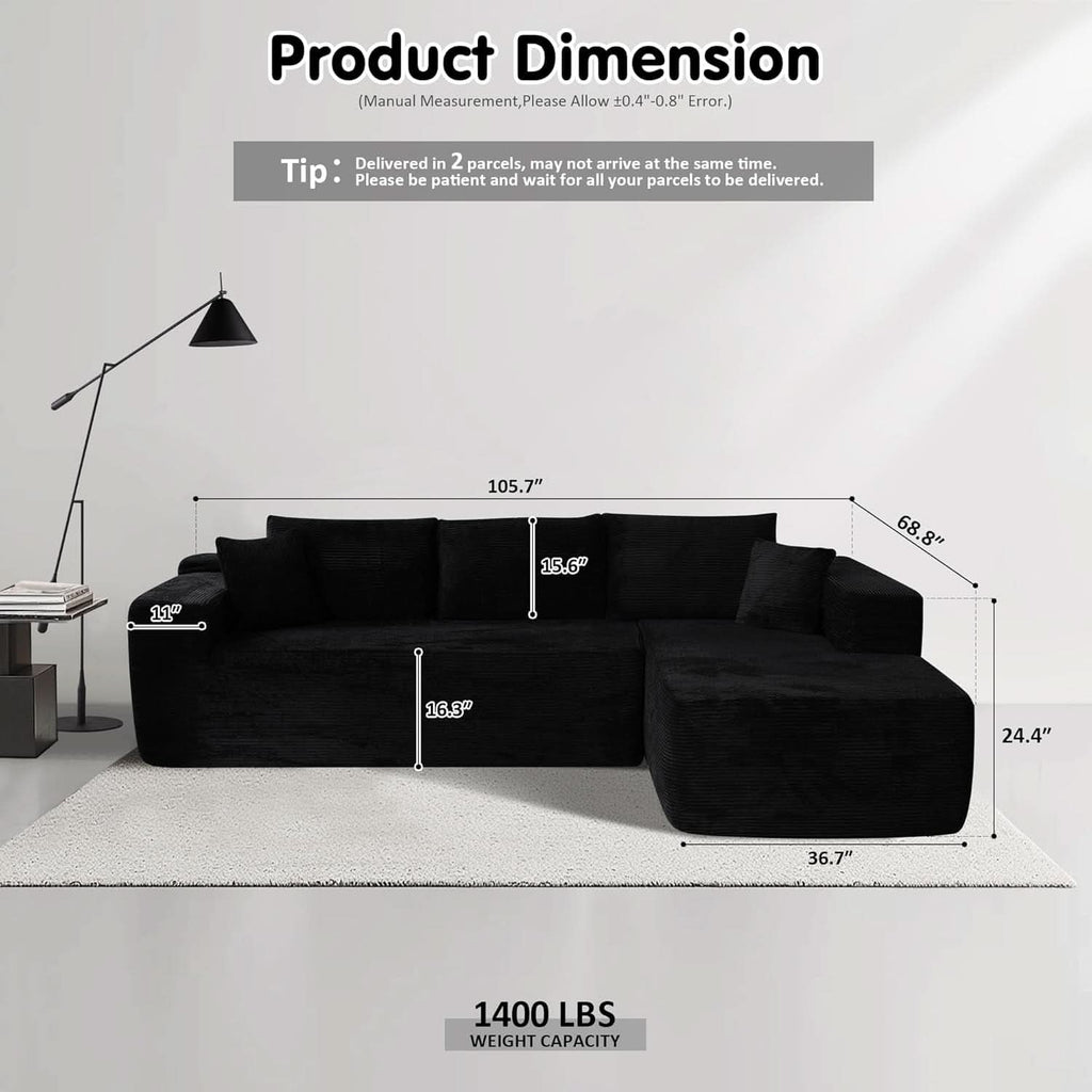 Black Corduroy L-Shaped Sectional Sofa