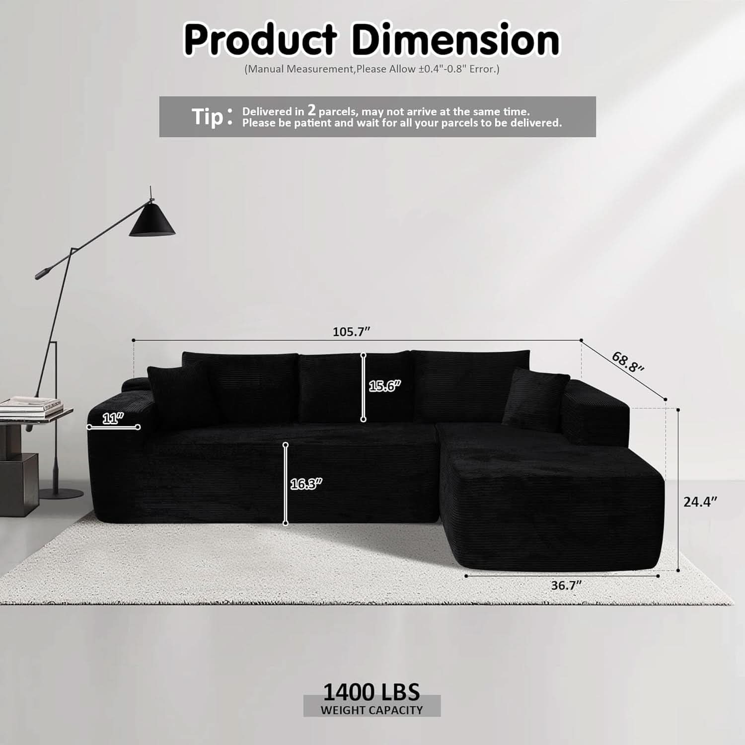 Black Corduroy L-Shaped Sectional Sofa