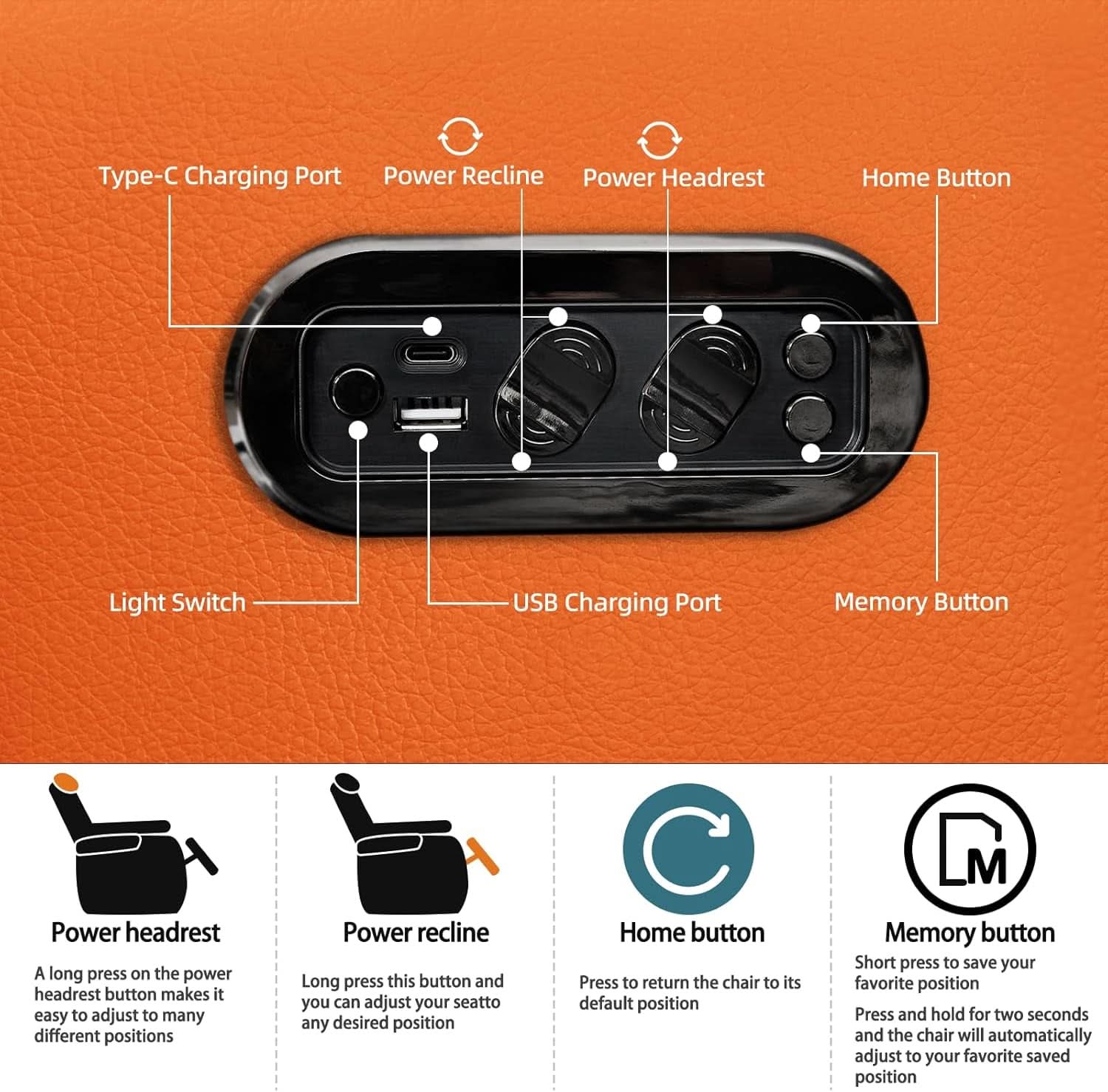 Orange Top Grain Leather Home Theater Seating Row Of Three USB Charger