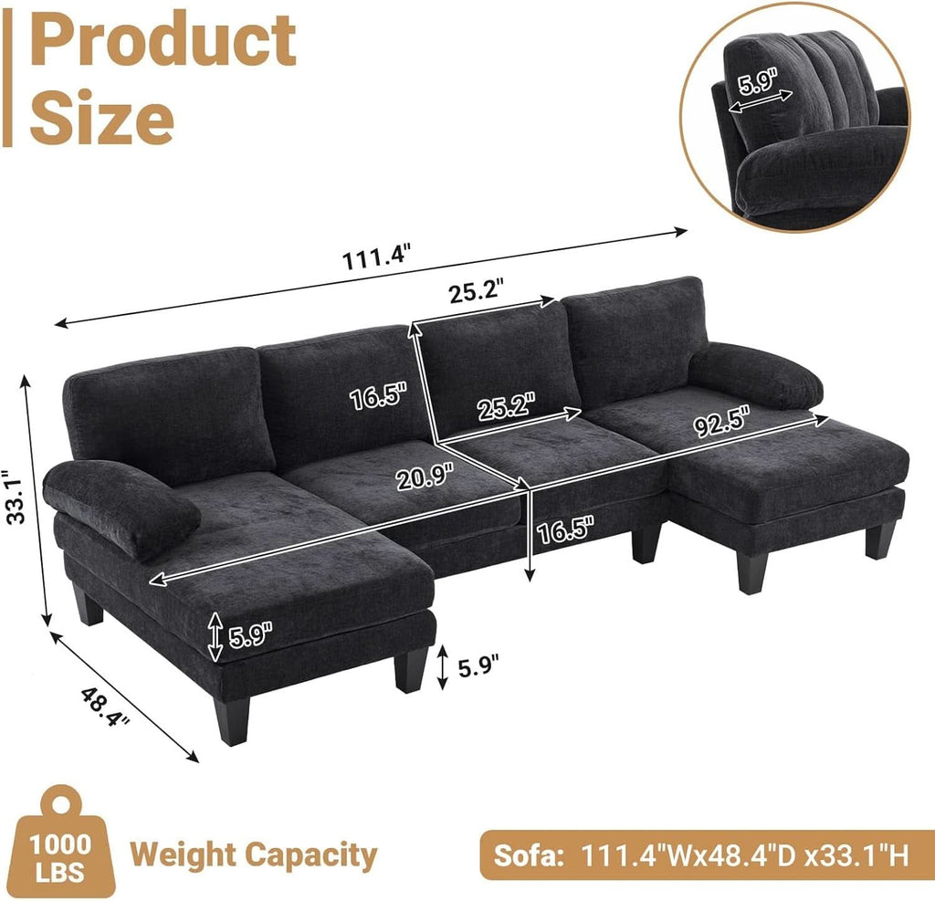 Black U-Shaped Sectional Sofa with Double Chaise