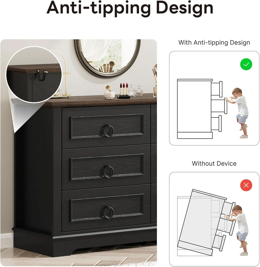 Black FortySevenPointTwoInch Wide Six Drawer Dresser