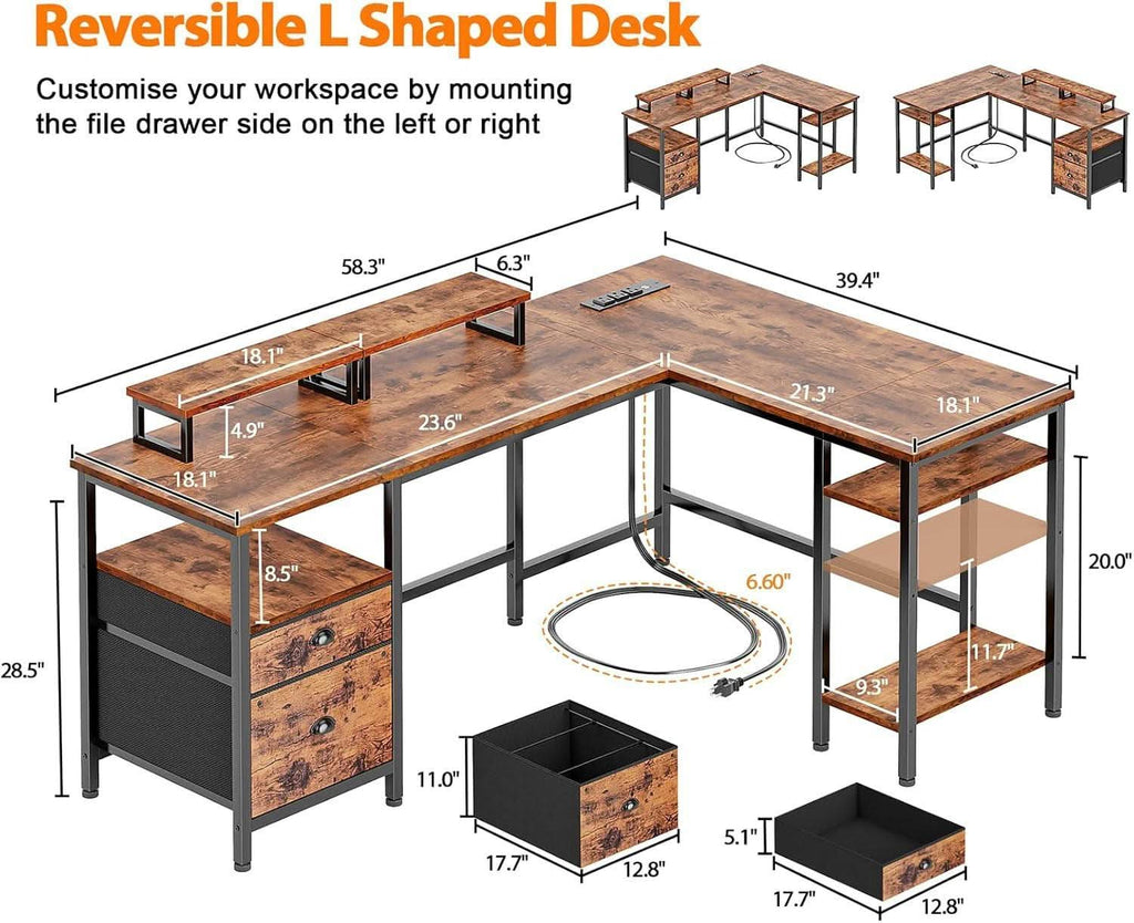 59-Inch L-Shaped Desk with Power Outlet and Shelves
