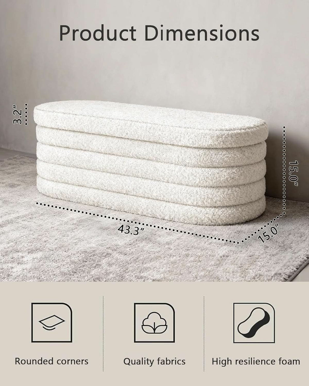 43 Inch SherpaWhite Upholstered Storage Ottoman Bench