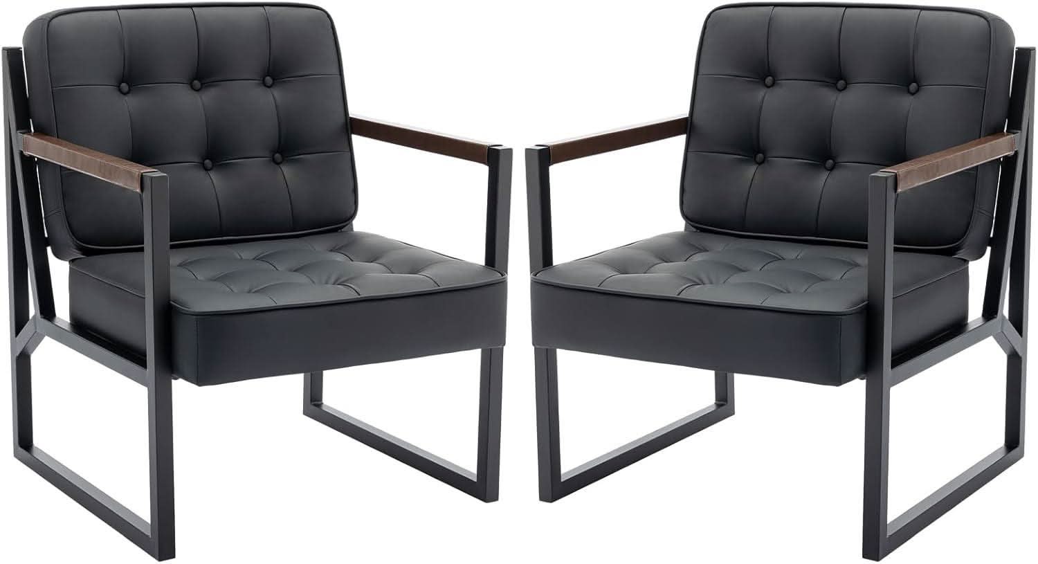 Mid Century Classic Black Leather Upholstered Accent Chair