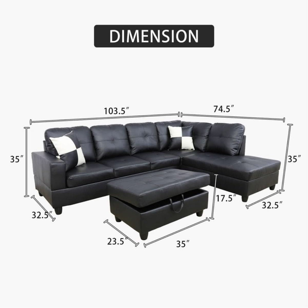 Black L Shaped 3 Piece Faux Leather Sofa Set With Storage Ottoman