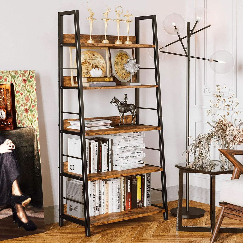 Industrial Ladder Shelf 5 Tier Bookshelf Rustic Brown