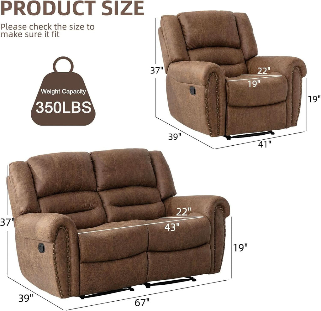 Brown Faux Leather Manual Recliner Sofa Set With Loveseat
