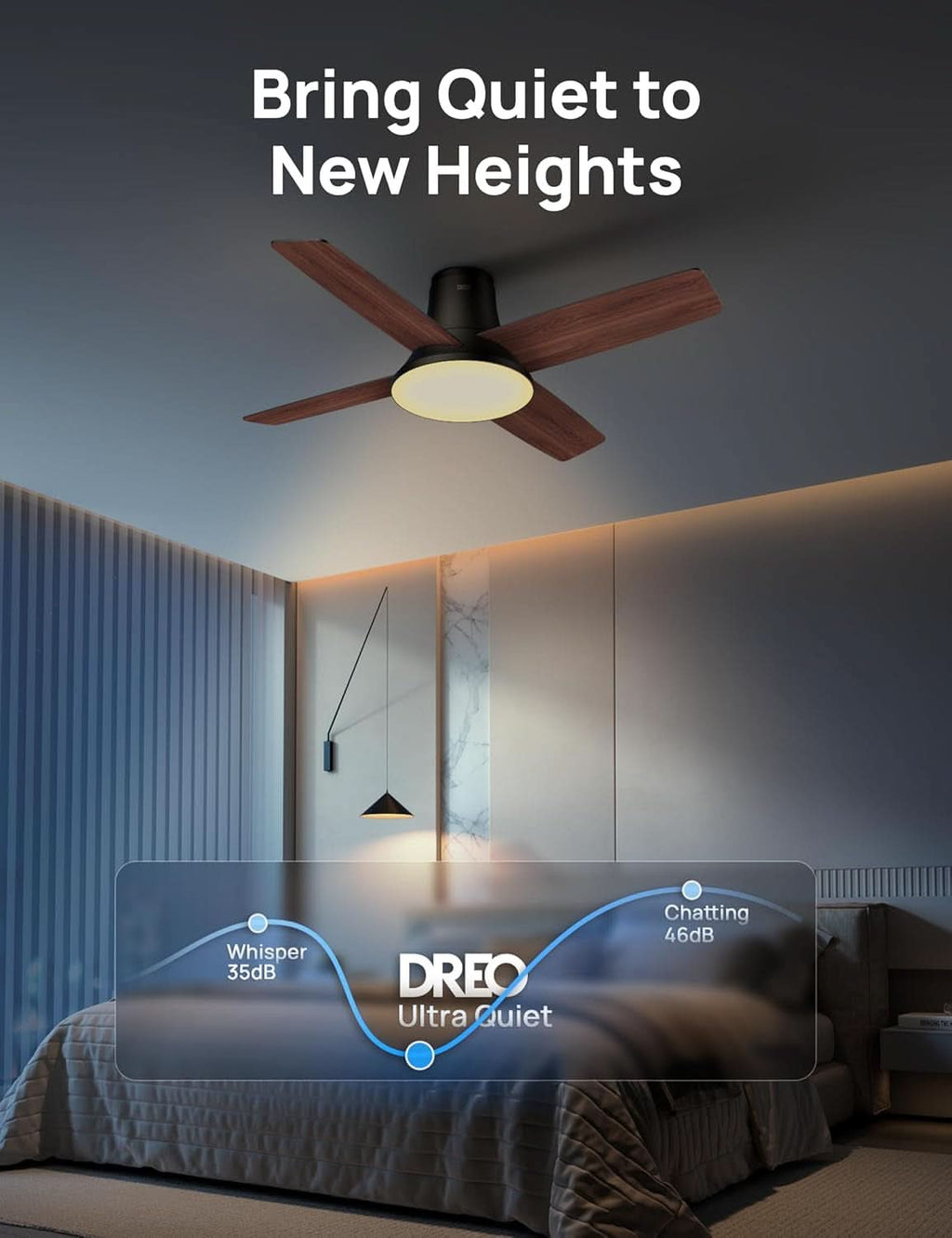 44 Inch Low Profile Black Ceiling Fan With Dimmable LED