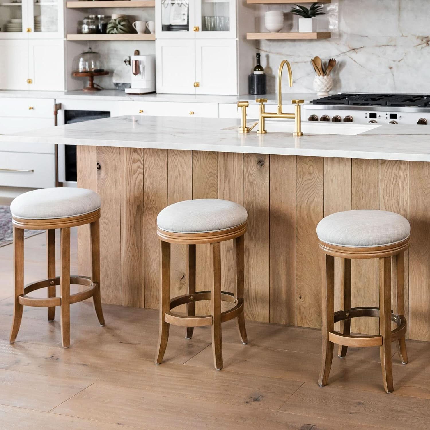 Eva 31 Inch Bar Height Backless Swivel Bar Stool Weathered Oak Sand Fabric