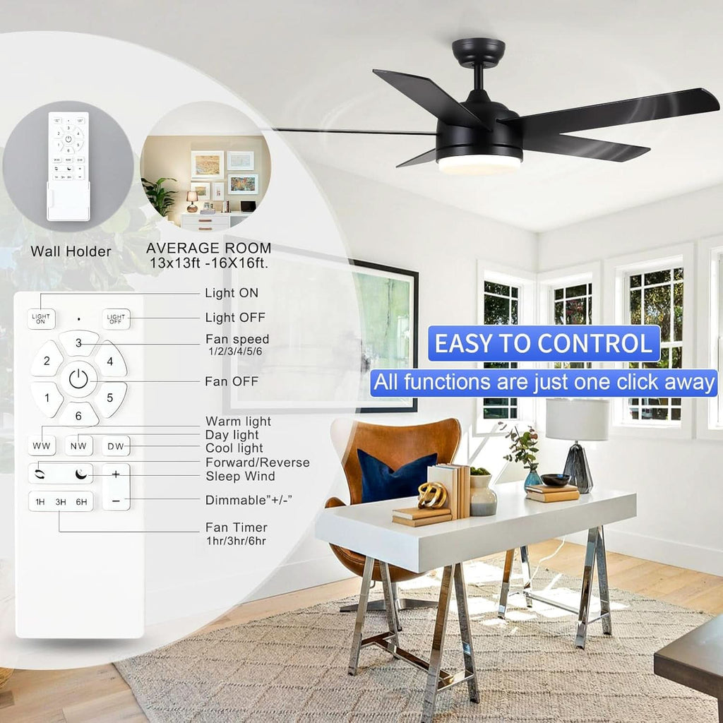 52 Inch Black Ceiling Fan With Dimmable 3 Color LED Lights And Remote