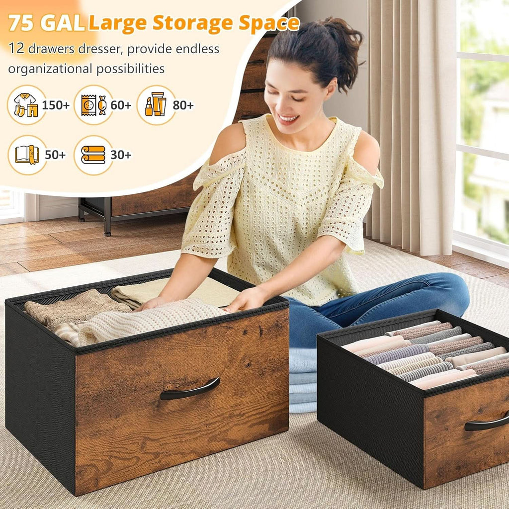 Bedroom Dresser With LED Lights 12 Drawers Rustic Brown