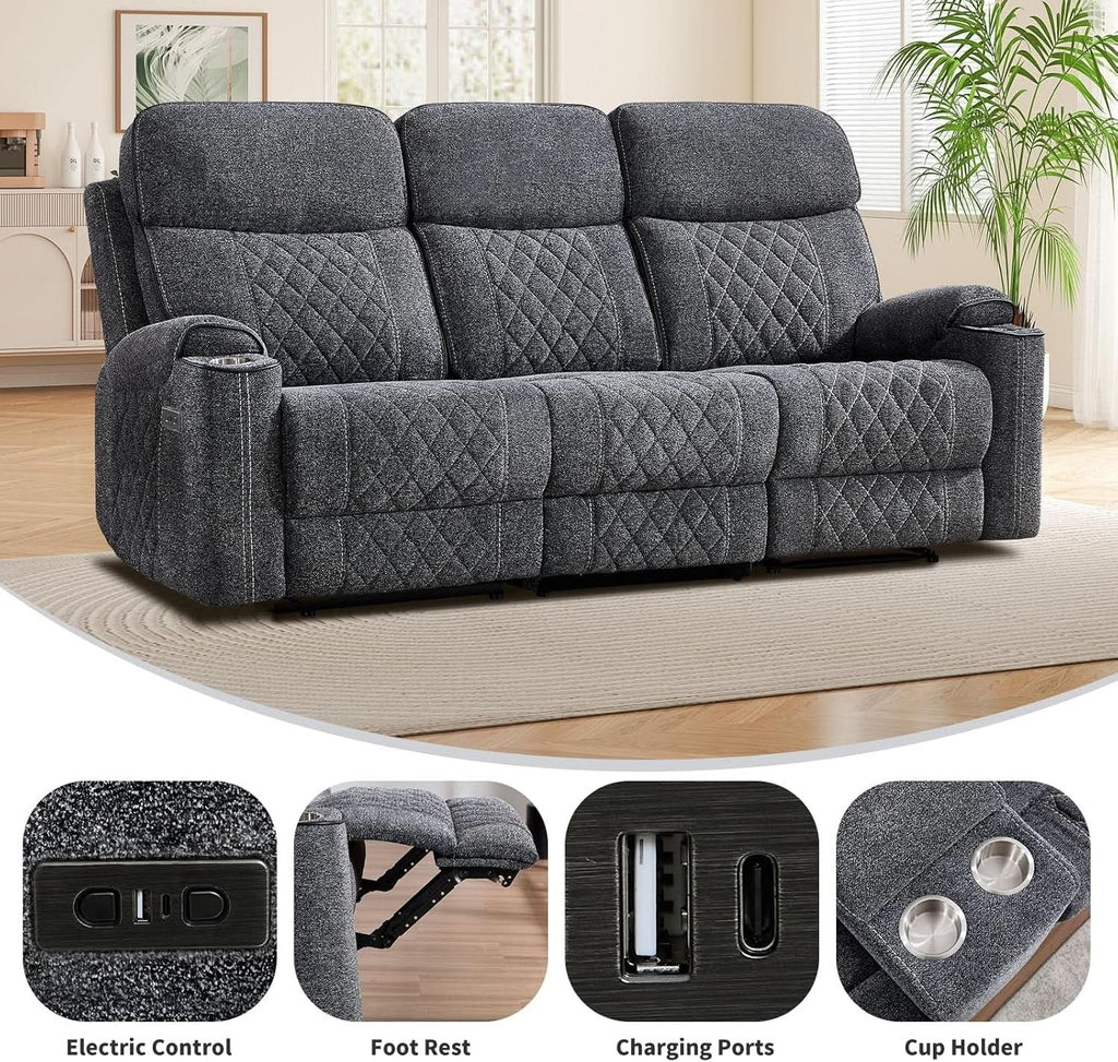 Grey Fabric 3-Seater Electric Recliner Sofa with Cup Holders