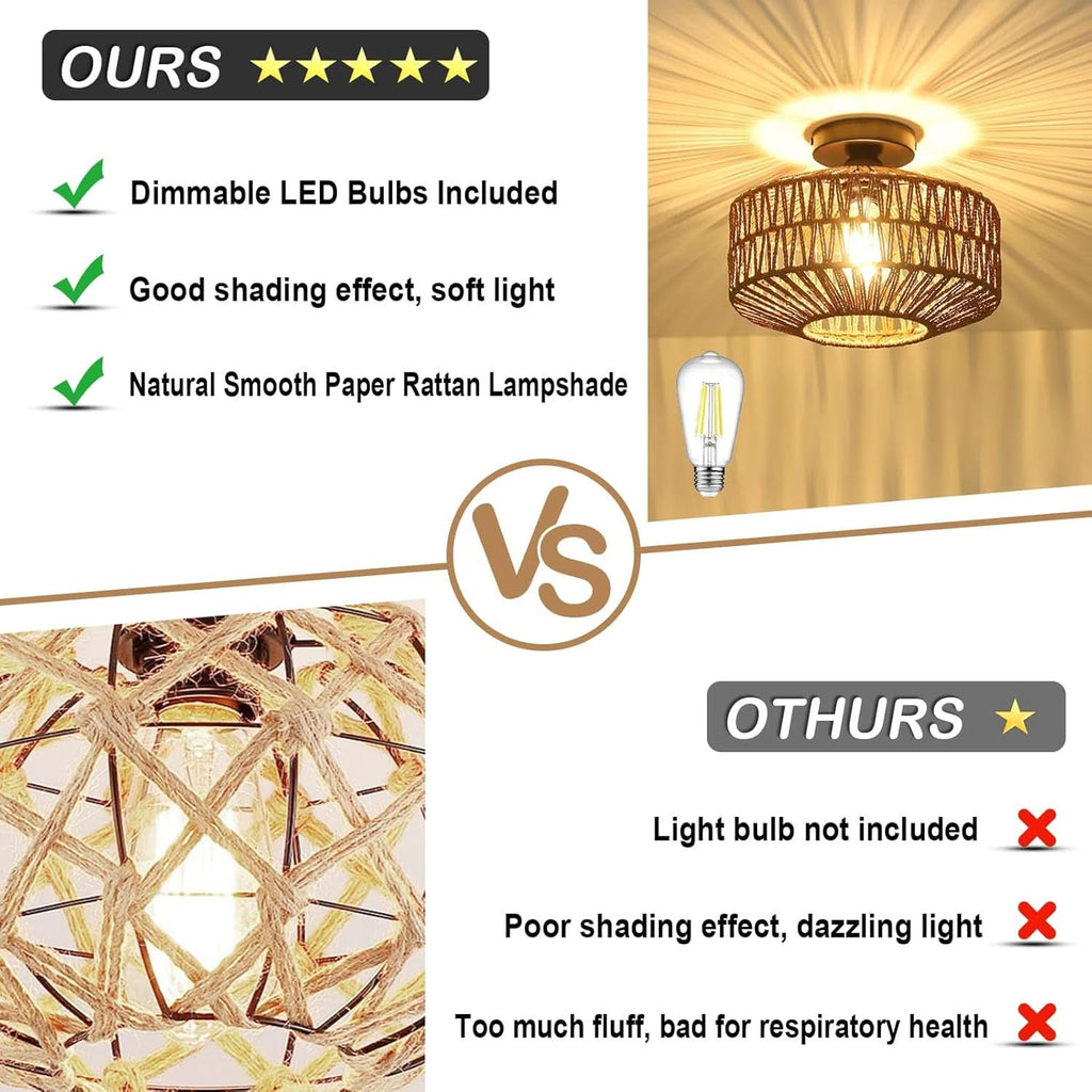 Dark Brown Hand Woven Rattan Ceiling Light With Dimmable LED