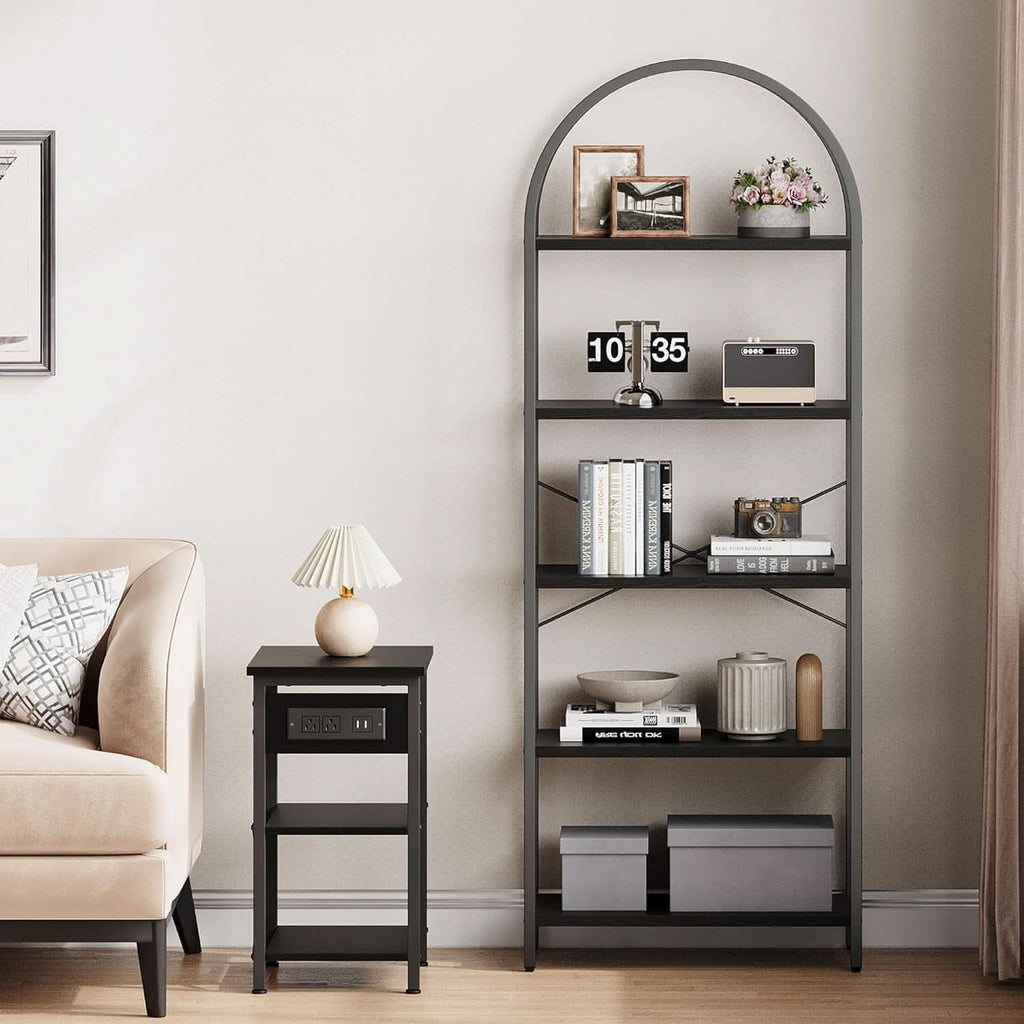 Tall Black Arched Bookcase with 5 Open Shelves