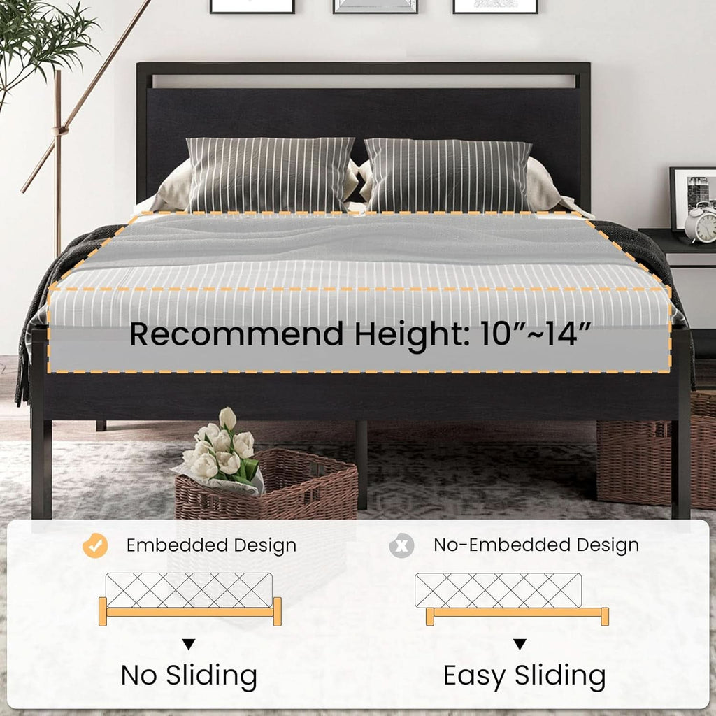 Sturdy Metal Platform Bed Frame With Wooden Headboard 800Lb