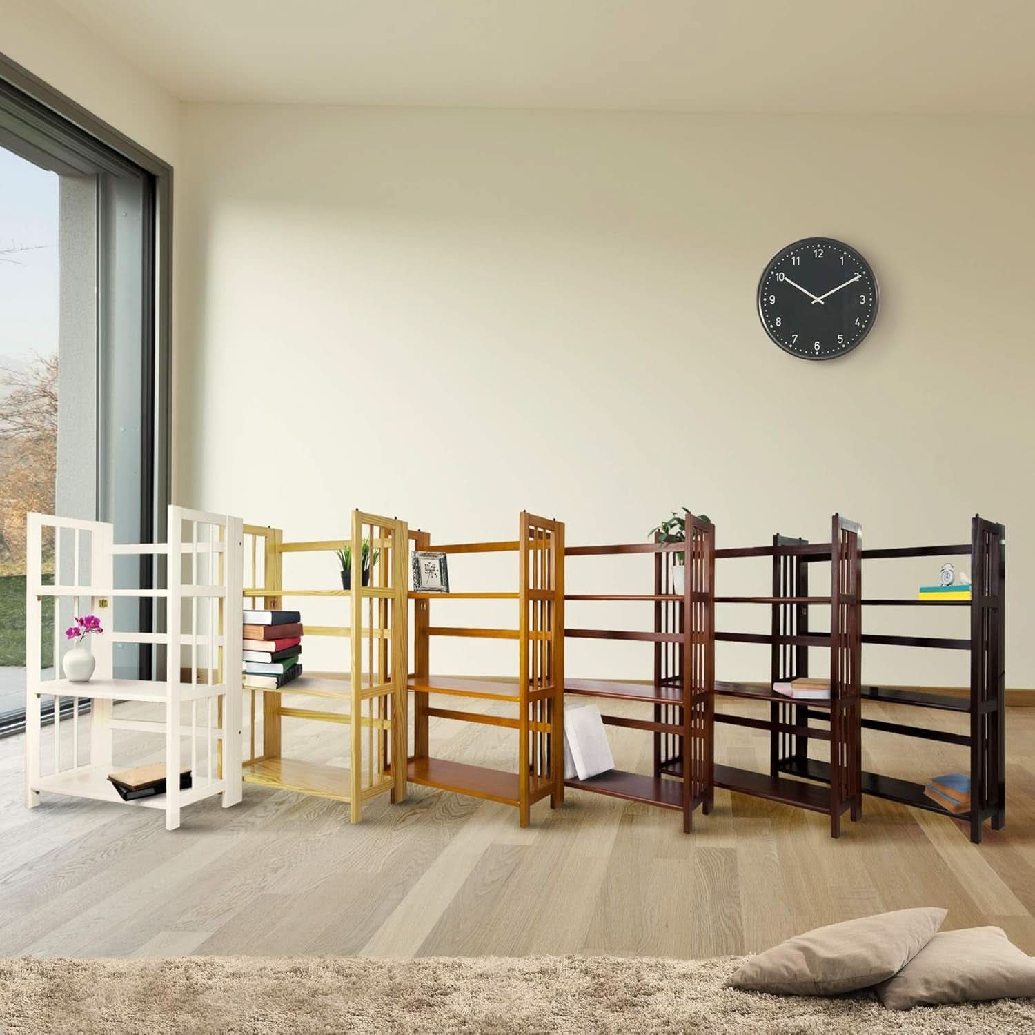Three Shelf Folding Stackable Bookcase 27.5 Inch Wide Espresso Wood Home Office Storage