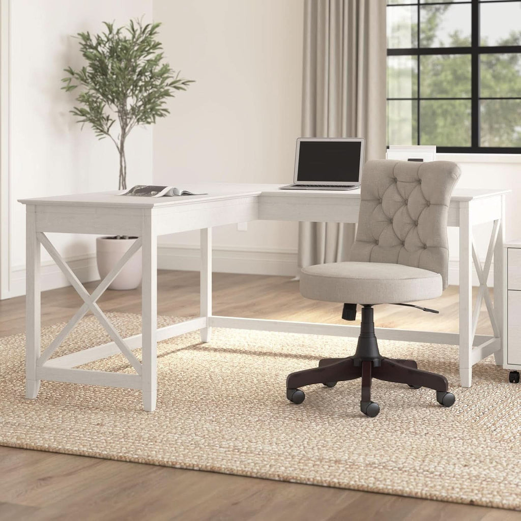 L-Shaped Desk 60W Linen White Oak Modern Farmhouse