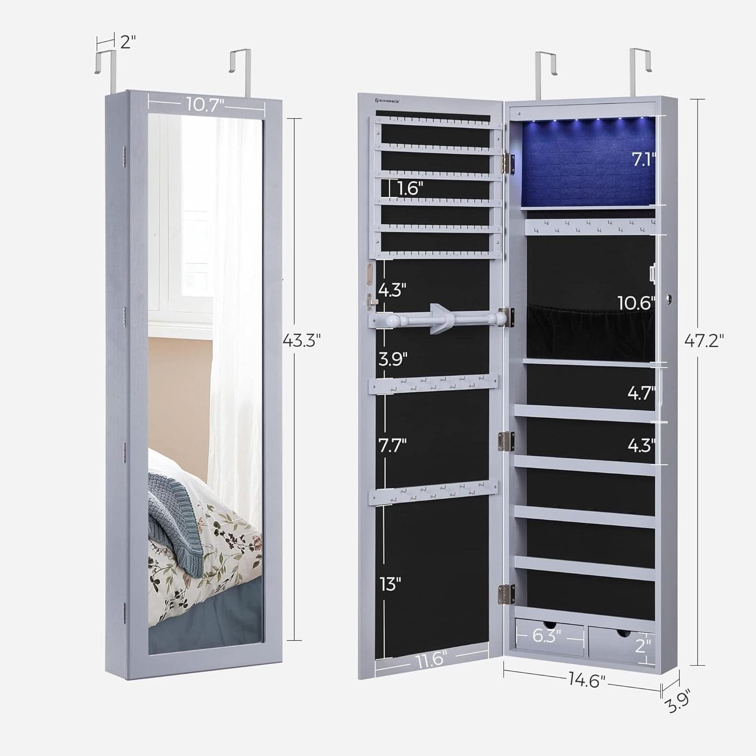 47.2 Inch Tall Lockable Jewelry Cabinet With Mirror Gray