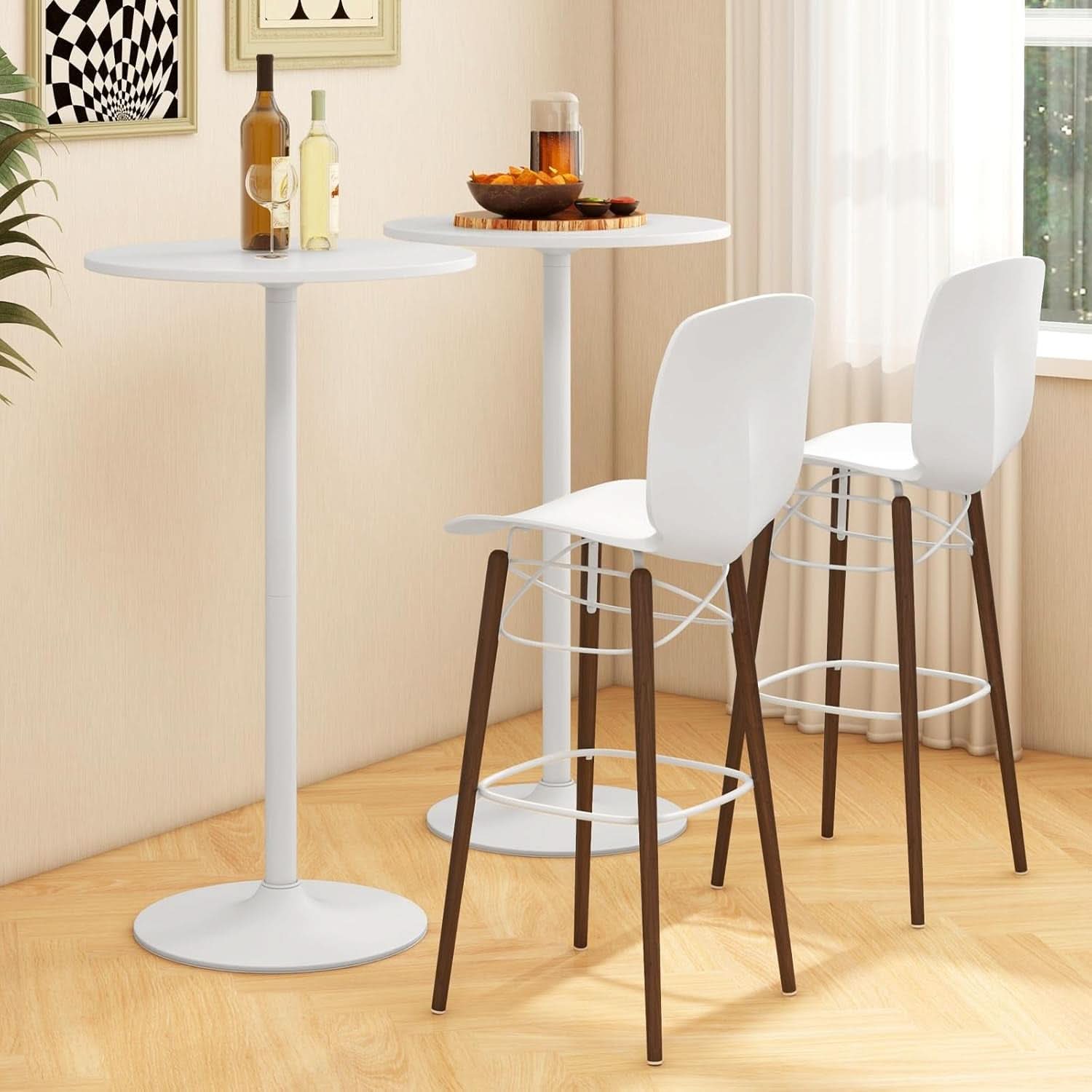 Round Height-Adjustable White Bistro Table Bar Home