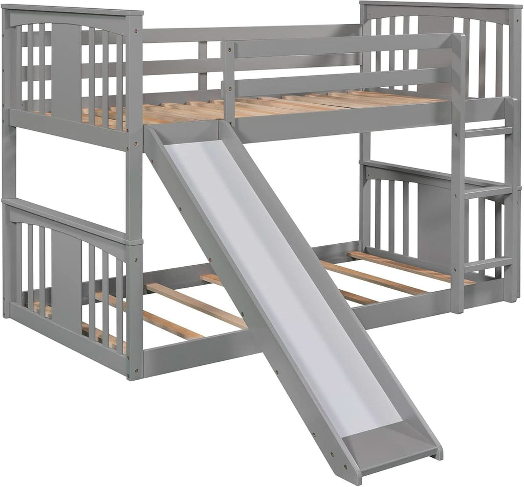 Twin Over Twin Bunk Bed With Slide In Gray For Kids