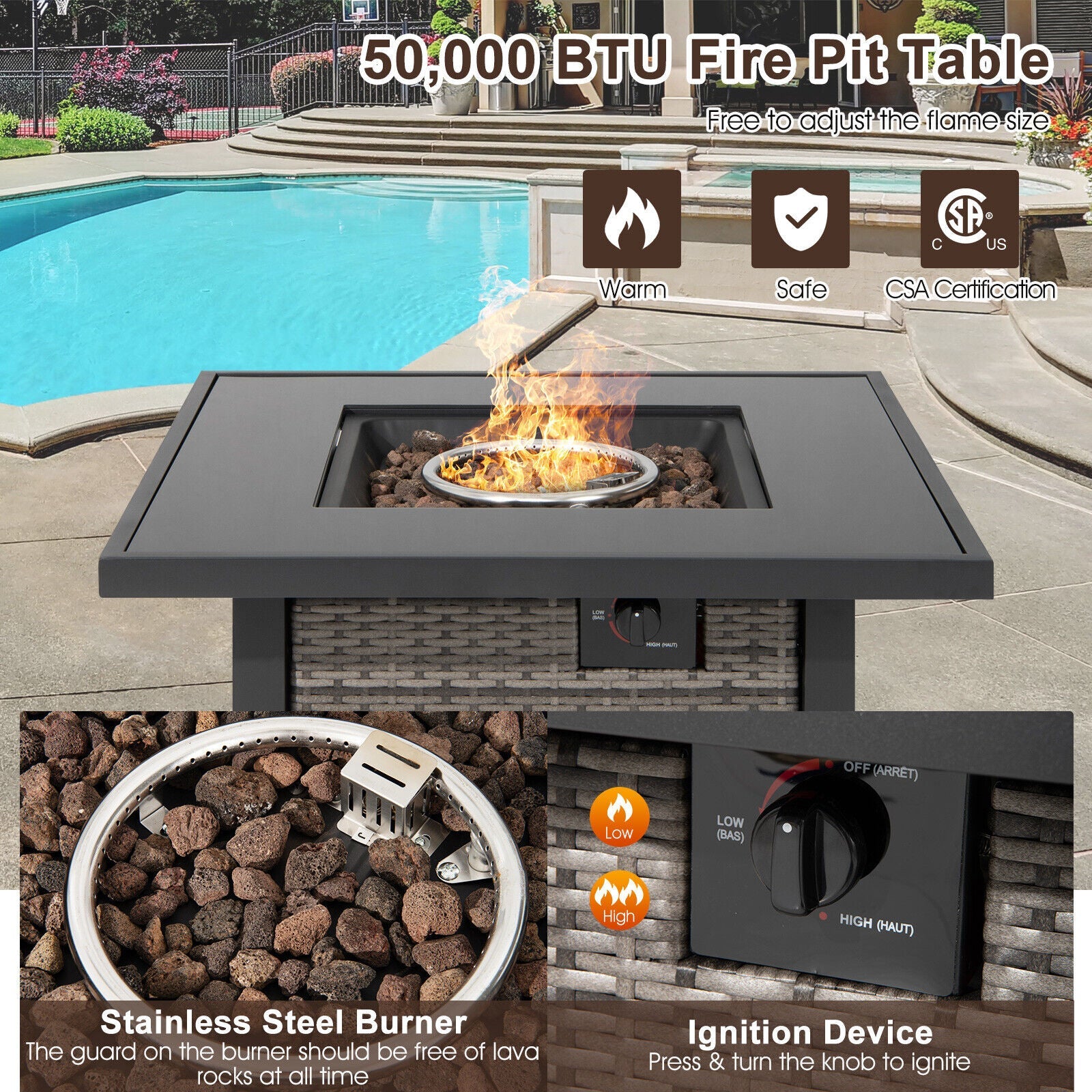 32 Inch Square Propane Fire Pit Table with Lava Rocks Cover