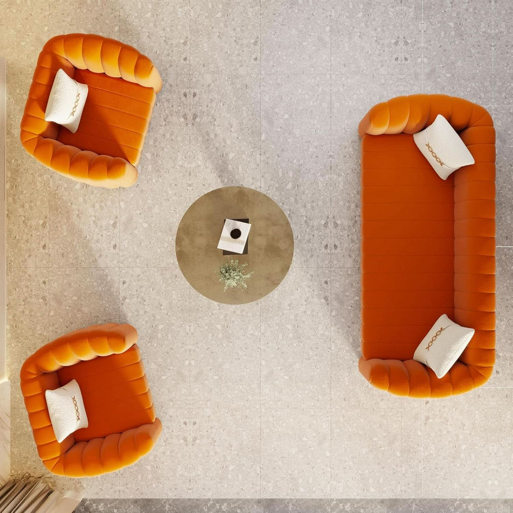 Orange Velvet Tufted Sofa Set With Gold Ball Legs Modern