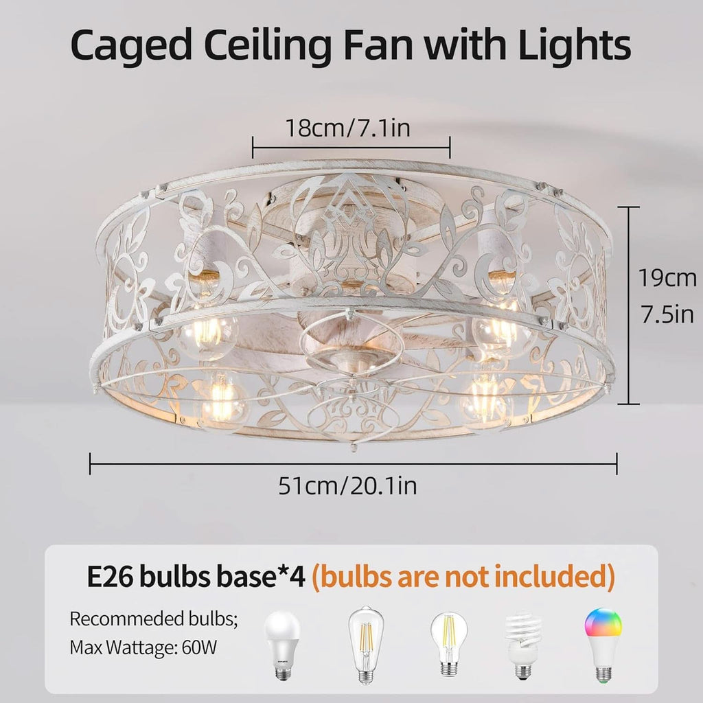 20 Inch Caged Ceiling Fan With Light White Gold Remote