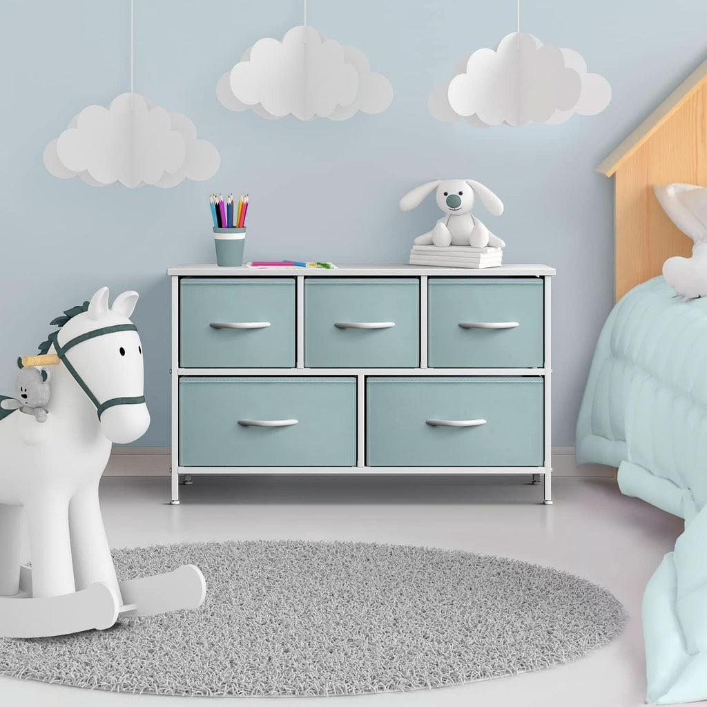 Kids Dresser With 5 Drawers, Pastel Aqua, Steel Frame