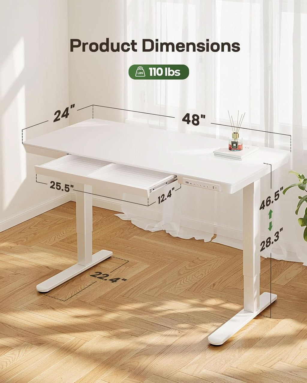 Height Adjustable Standing Desk 48x24 Inch With USB Ports And Drawer White
