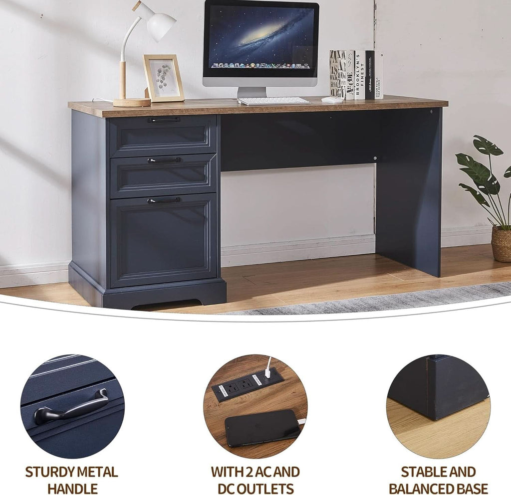 Blue Farmhouse Executive Desk with Charging Station