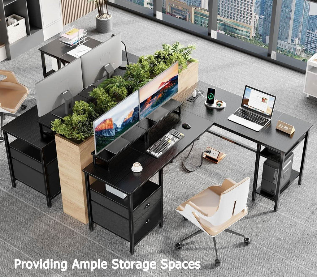 59-Inch L-Shaped Desk with Black Storage Drawers