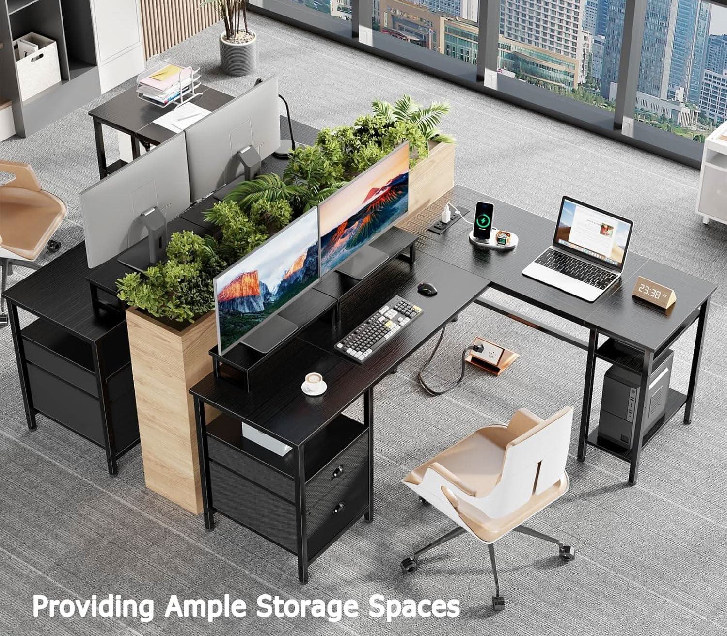 59-Inch L-Shaped Desk with Black Storage Drawers