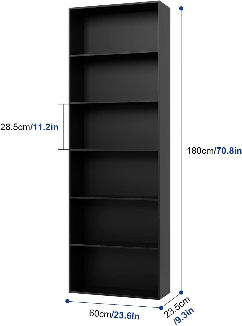 Six Tier Open Bookcase Tall Freestanding Shelving Black