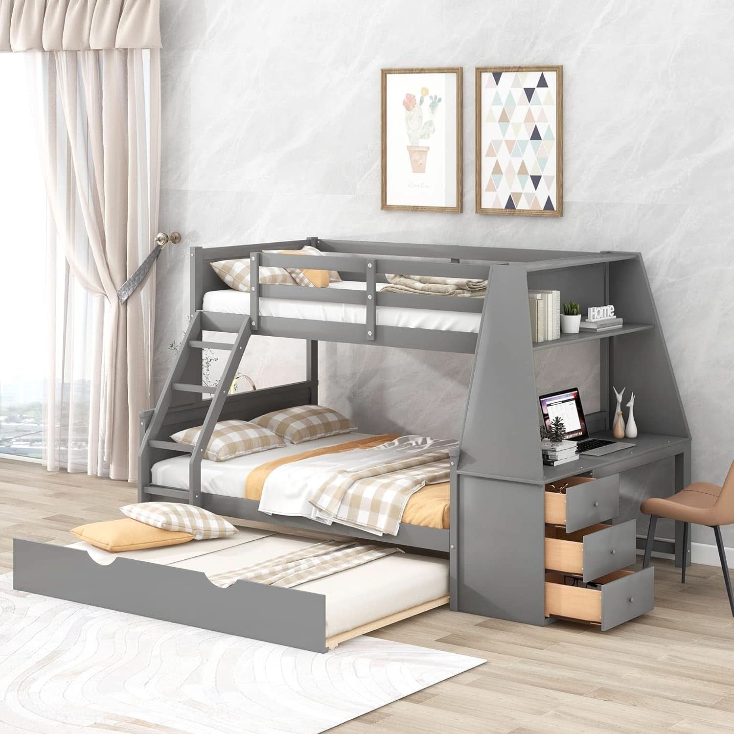 Gray Twin Over Full Bunk Bed With Trundle And Desk