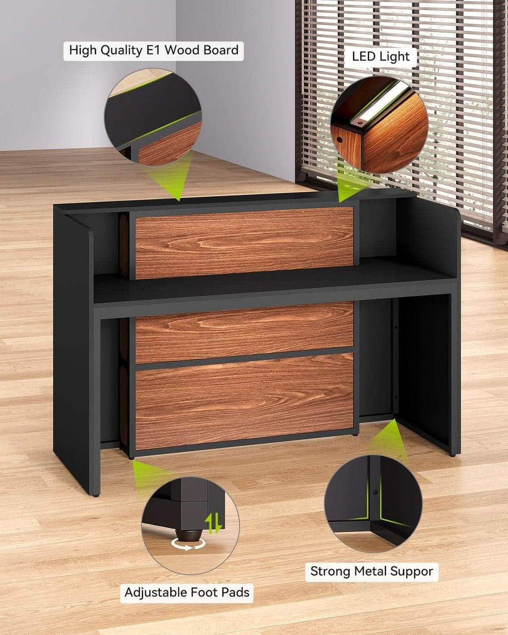 63 Inch Reception Desk Black And Brown Office Counter