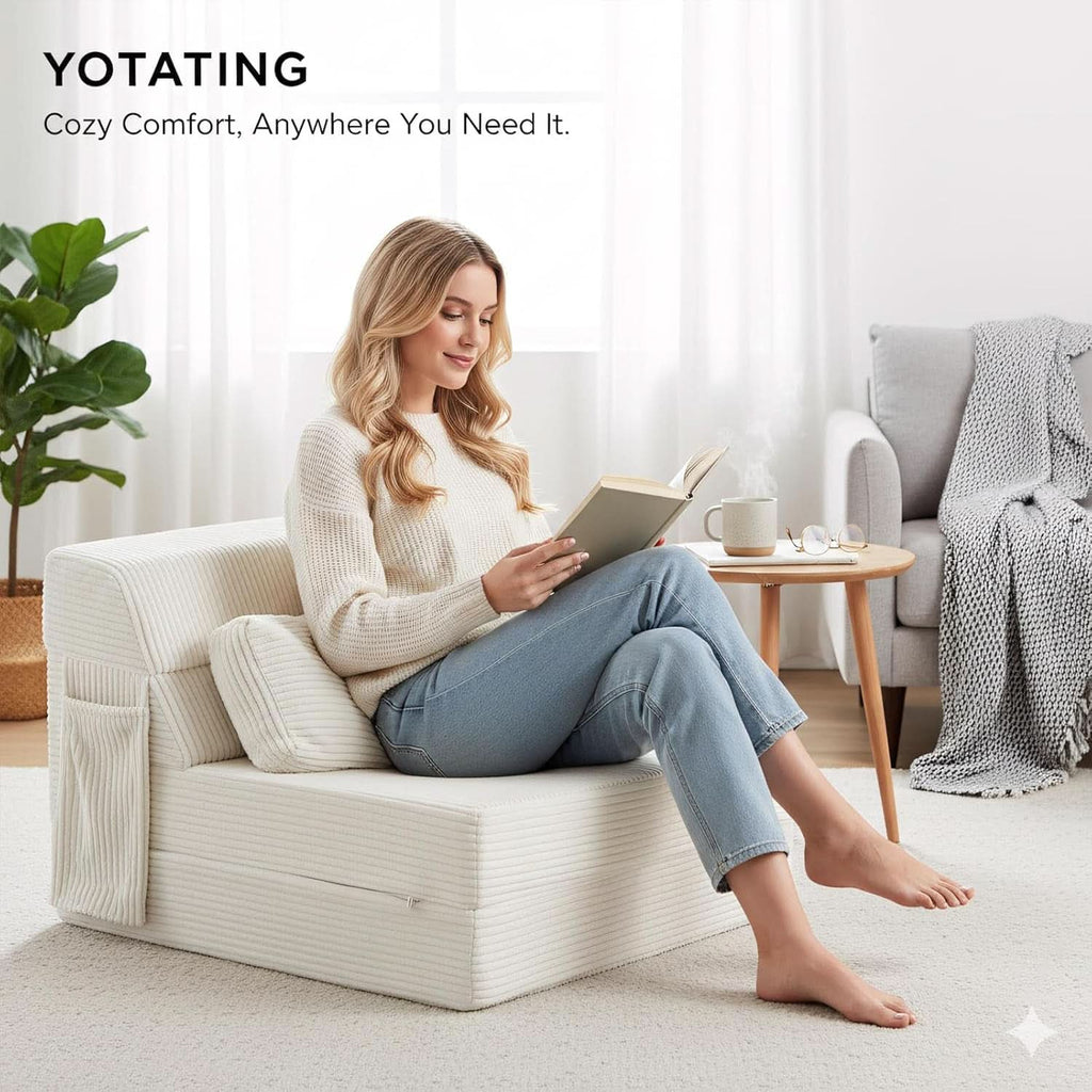 Beige Upholstered Folding Sofa Bed Convertible Floor