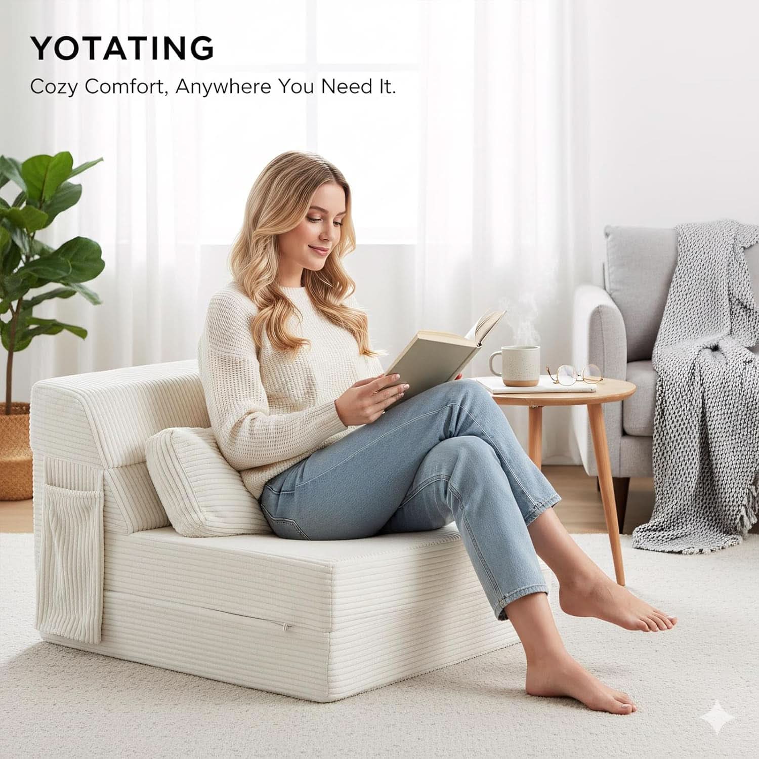 Beige Upholstered Folding Sofa Bed Convertible Floor