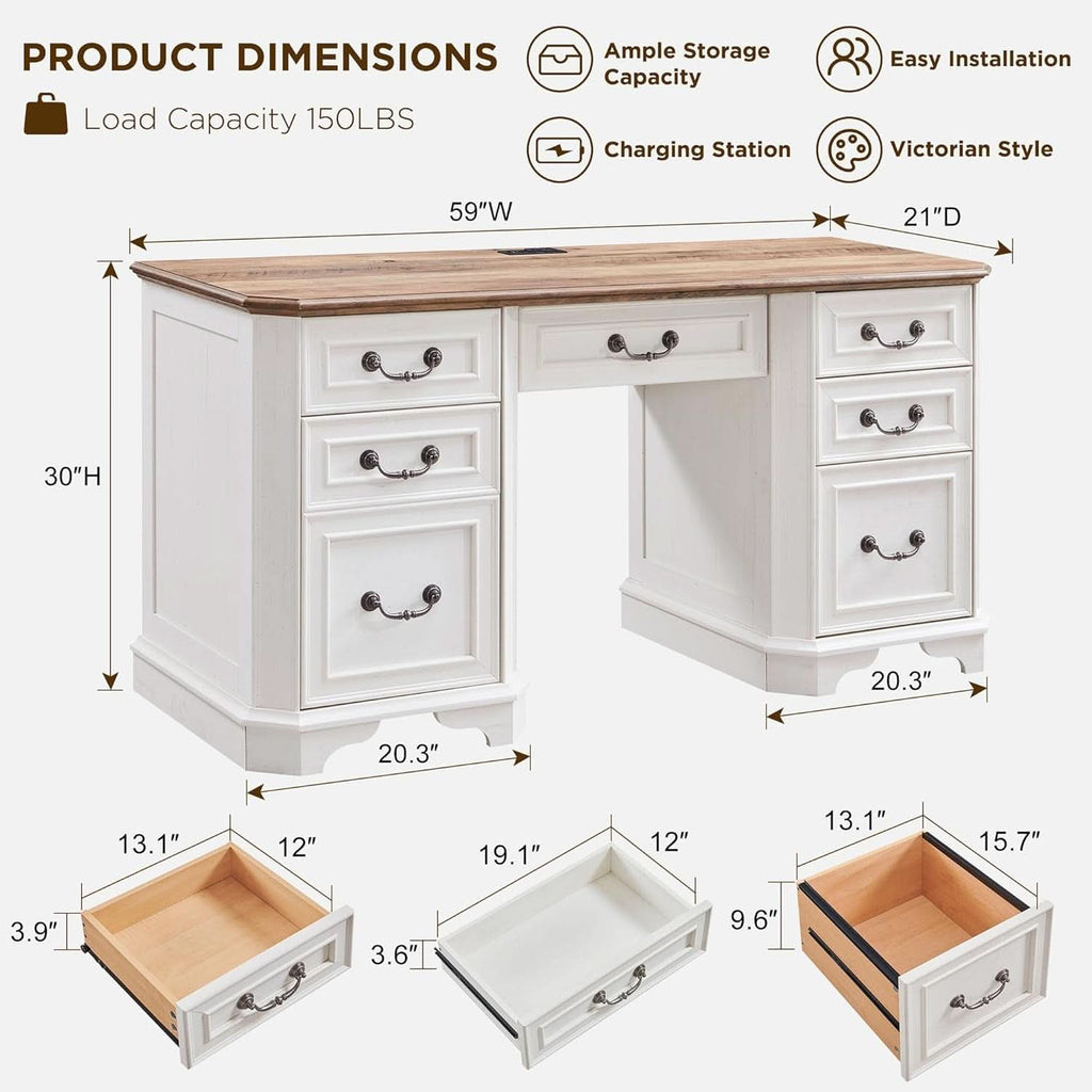 59-Inch Farmhouse Executive Desk in Antique White