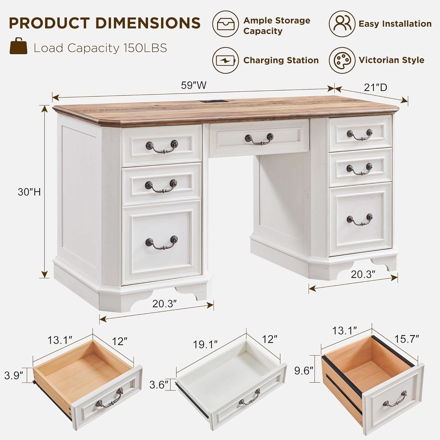 59-Inch Farmhouse Executive Desk in Antique White