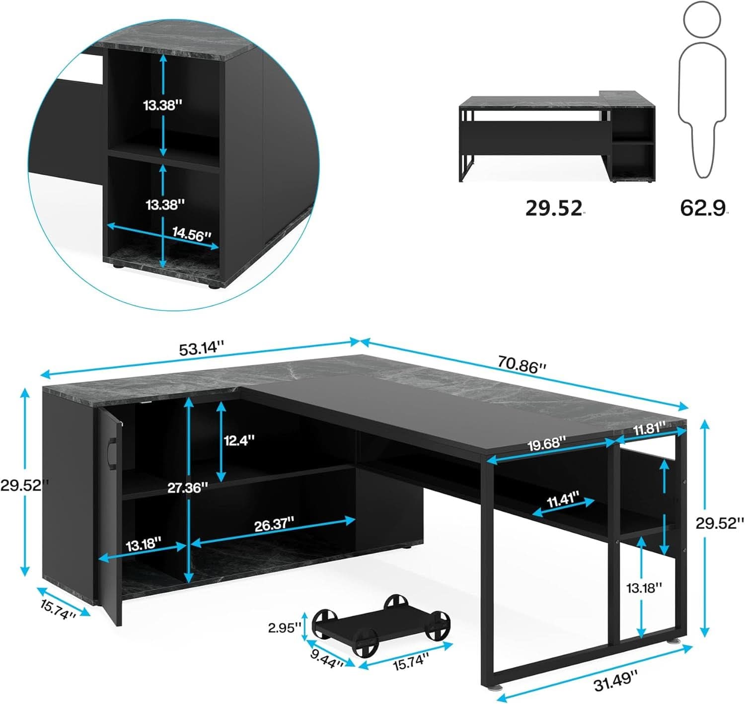 71 Inch Black L Shaped Executive Desk With Storage