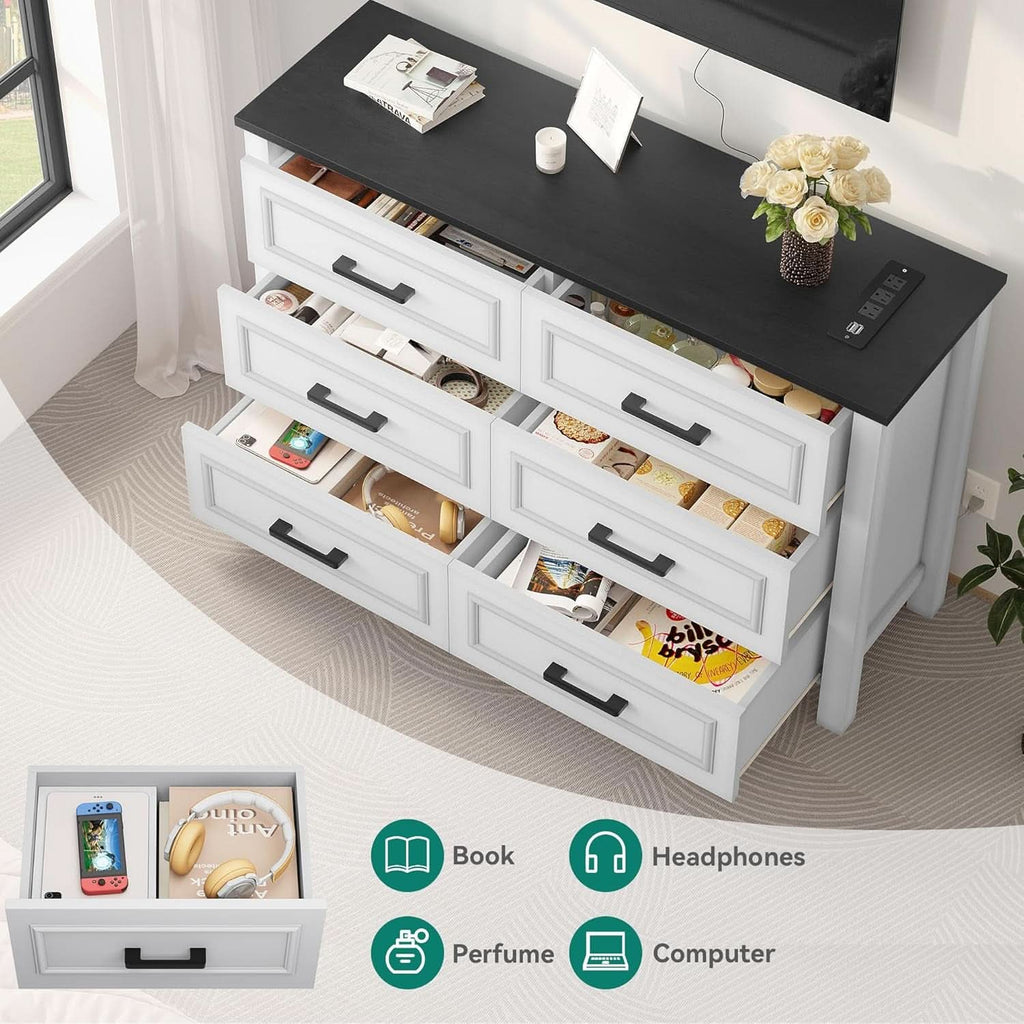 6 Drawer Dresser With Built In Power Outlet White And Black